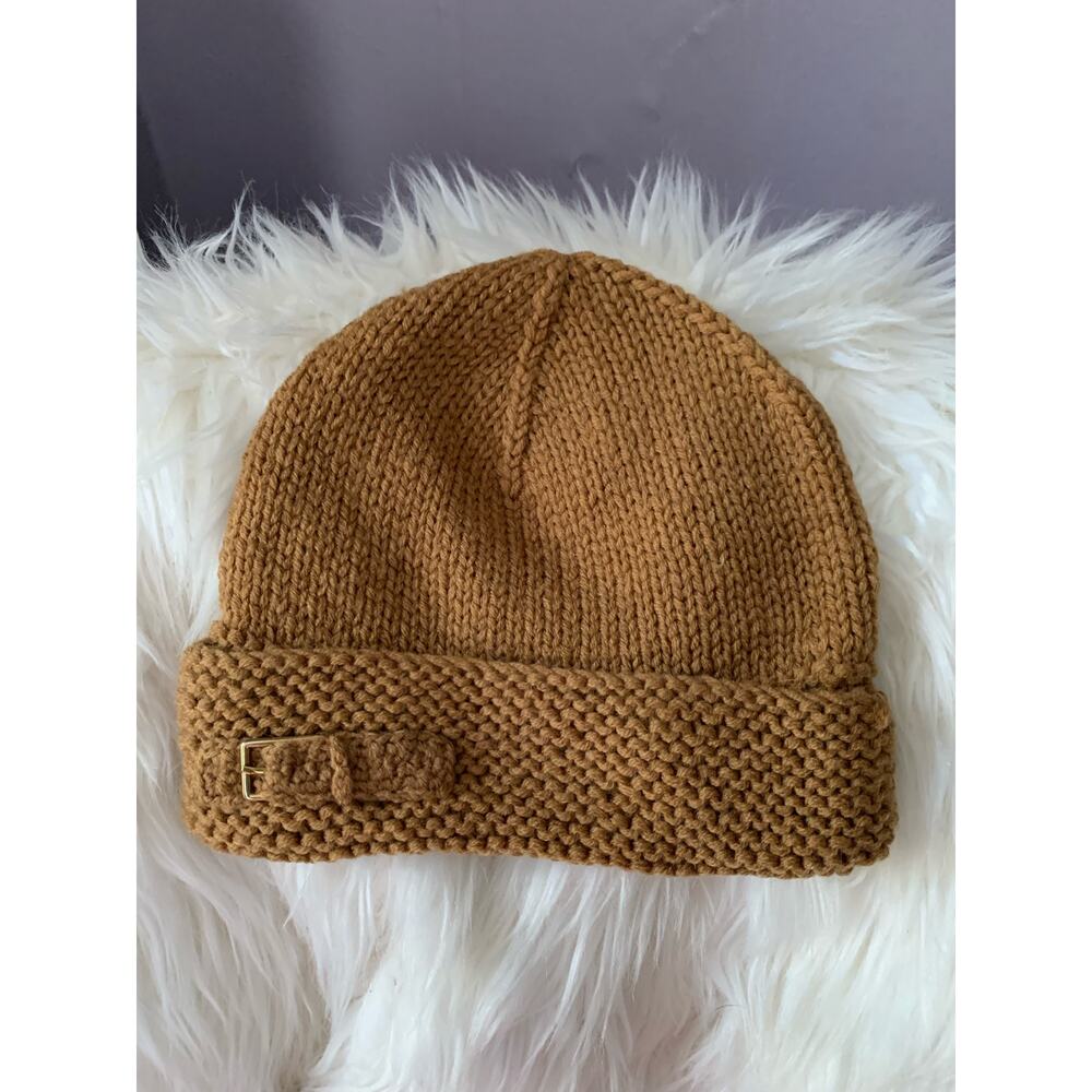 Hat Attack tan‎ beanie gold buckle knit winter cap